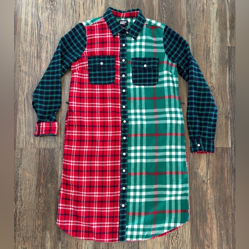 Lands’ End L/S Plaid Flannel Night Shirt Small Pajamas Red Green Blue Patchwork